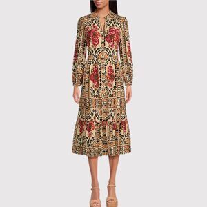 A Loves A Womens Dress Brown Vintage Floral Split V Neck Midi A Line Boho XS